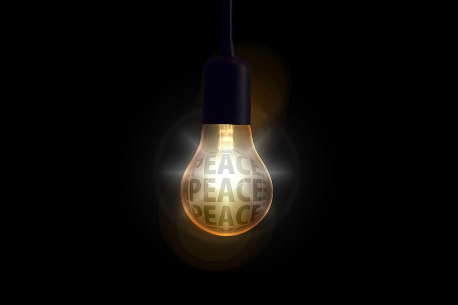 ligted bulb with peace text, innovation, harmony, pear, enlightenment HD wallpaper