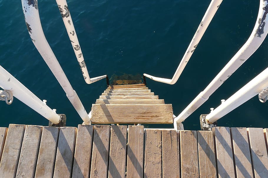 jetty, stairs, head, entry, web, boardwalk, water, blue sea HD wallpaper