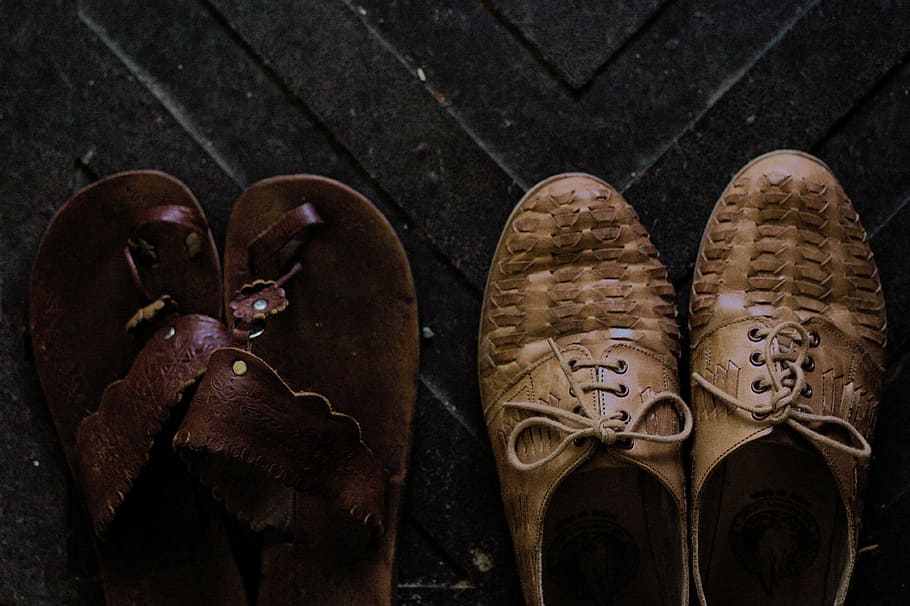 pair of brown sandals, pair of brown sandals near pair of brown leather shoes HD wallpaper