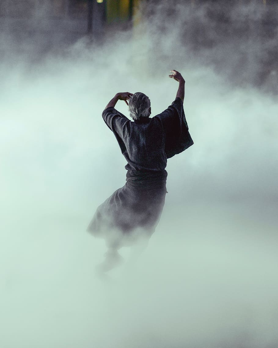 man wearing black suit, people, run, dancing, rain, fog, smoke - physical structure HD wallpaper