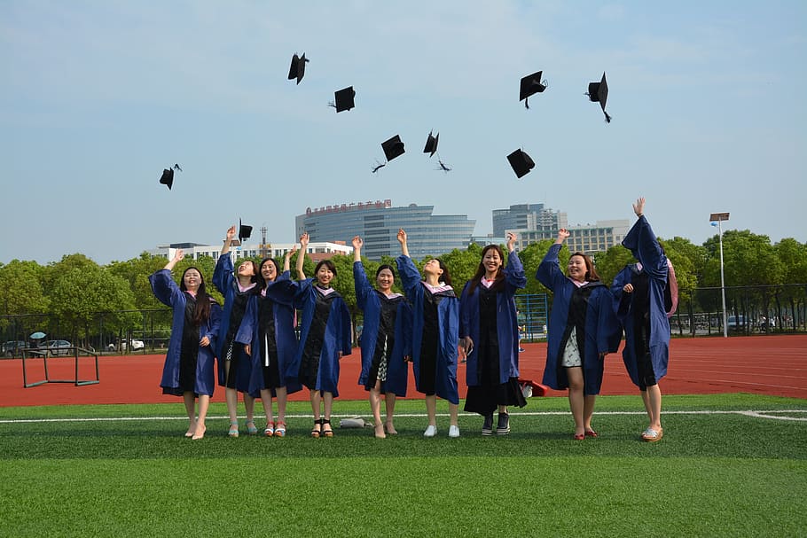 graduation, master's cap, campus, group of people, men, sky HD wallpaper