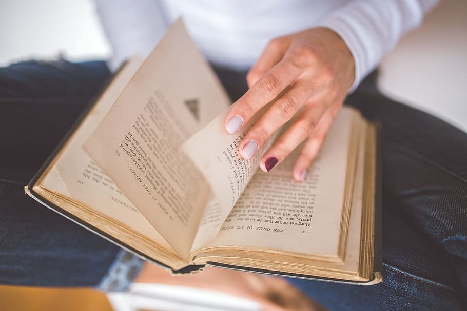 Girl thumbs through the old book, hand, learning, literature HD wallpaper