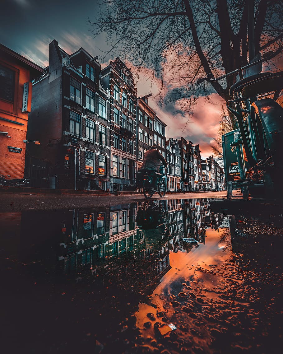 Amsterdam Street HDR reflection Man Cycle, man riding on bicycle outside building HD wallpaper