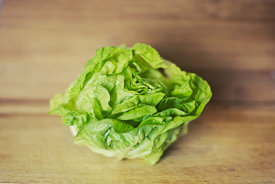green lettuce on brown wooden surface, vegetable, raw, diet HD wallpaper