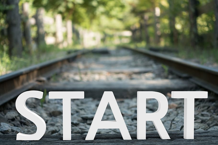 train railway with start text overlay, railroad, begin, travel HD wallpaper
