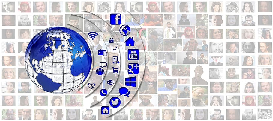 Earth illustration with social media logos, icon, human, personal, HD wallpaper
