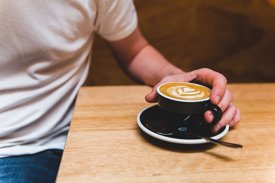 person holding teacup filled of coffee, latte, cafe, wood, table HD wallpaper