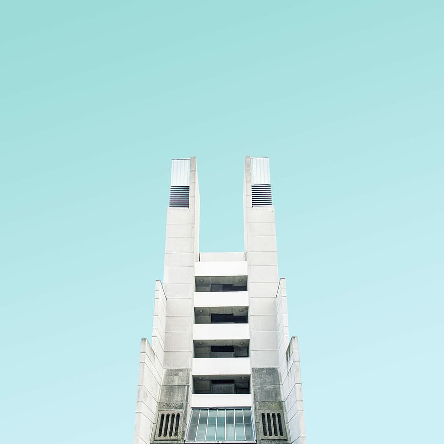 gray concrete building, low angle of white and gray concrete building HD wallpaper