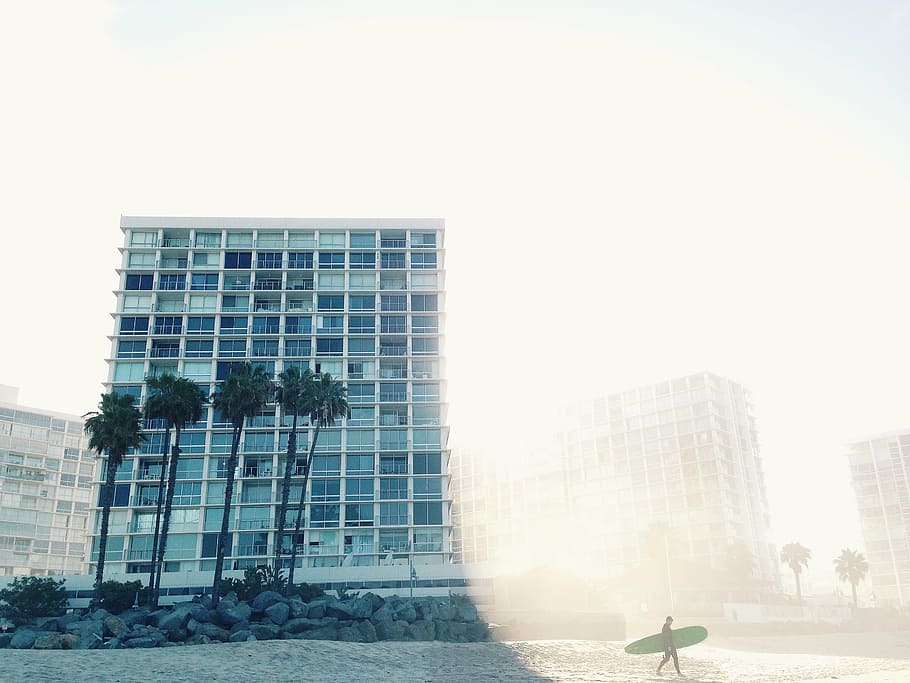 low-angle shot photography of blue building and palm trees HD wallpaper
