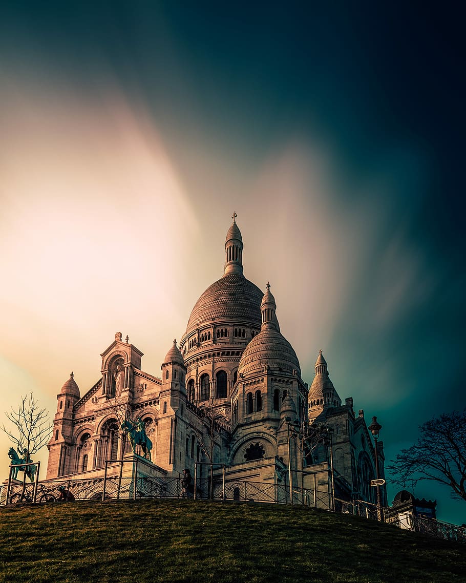 gray concrete cathedral on hill, building, dramatic, contrast HD wallpaper