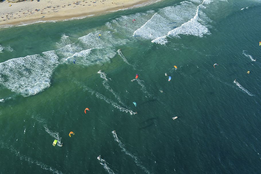 aerial photography of sea, people paragliding above sea, ocean HD wallpaper