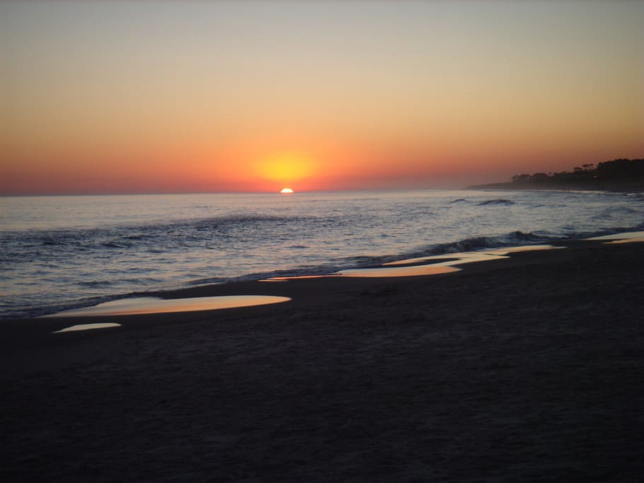 sunset, beach, twilight, backlight, evening sun, red sun, sky HD wallpaper