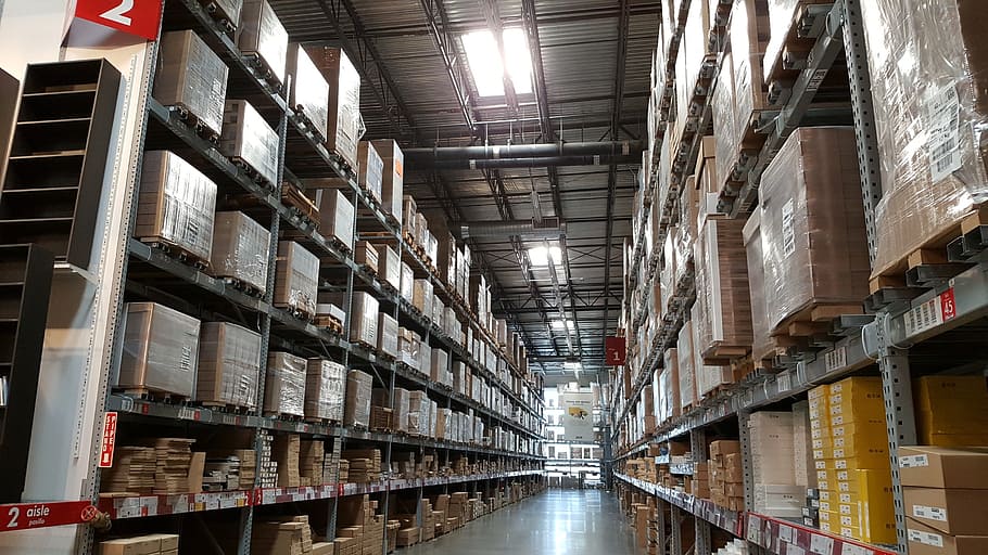 warehouse interior with boxes, ikea, industrial, tempe, shopping