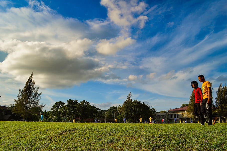 people, walking, strolling, park, grass, sky, clouds, outdoors HD wallpaper