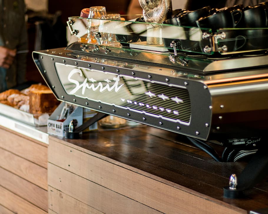 focus photography of Spirit Triplette machine on top of wooden counter, silver and black Spirit kitchen appliance HD wallpaper