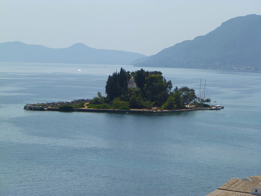 mice island, pontikonissi, islet, corfu, water, scenics - nature, HD wallpaper