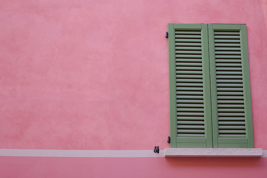 photo of gray wooden door, shutters, window, pink, wall, house HD wallpaper
