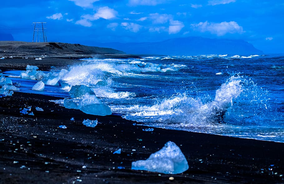 cold, sea, landscape, mountains, beach, clouds, daylight, foam HD wallpaper