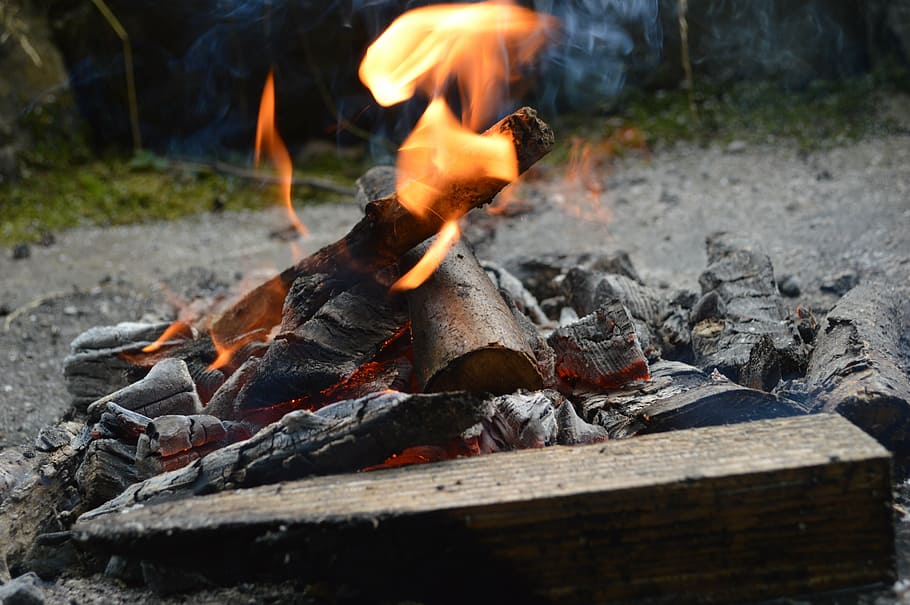 fire, campfire, flame, adventure, burn, heat, embers, charcoal HD wallpaper