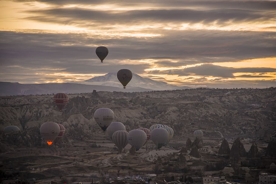 hot air balloons festival, mountain, cloud, horizon, sky, sunset HD wallpaper