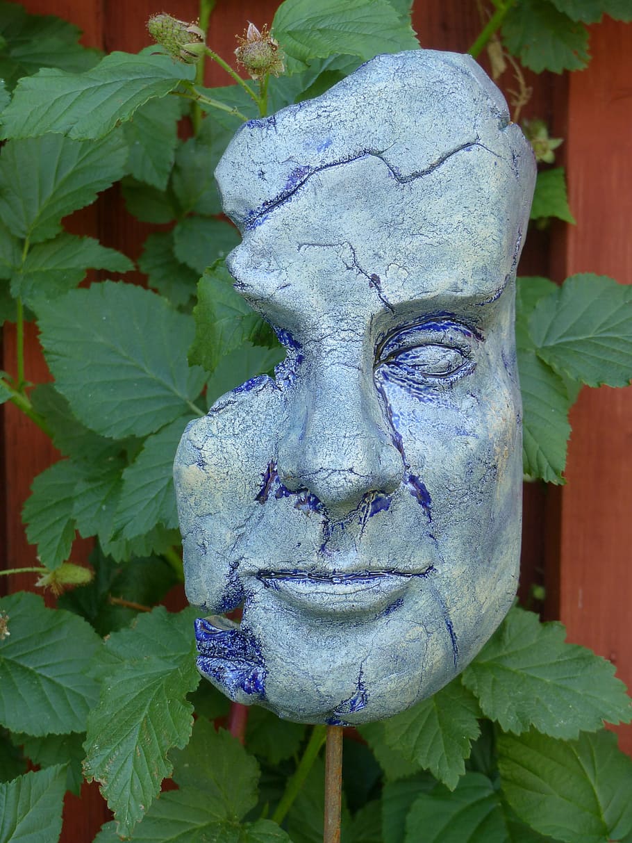 mask, concrete, colors, leaf, plant, wall, garden, summer, plant part HD wallpaper