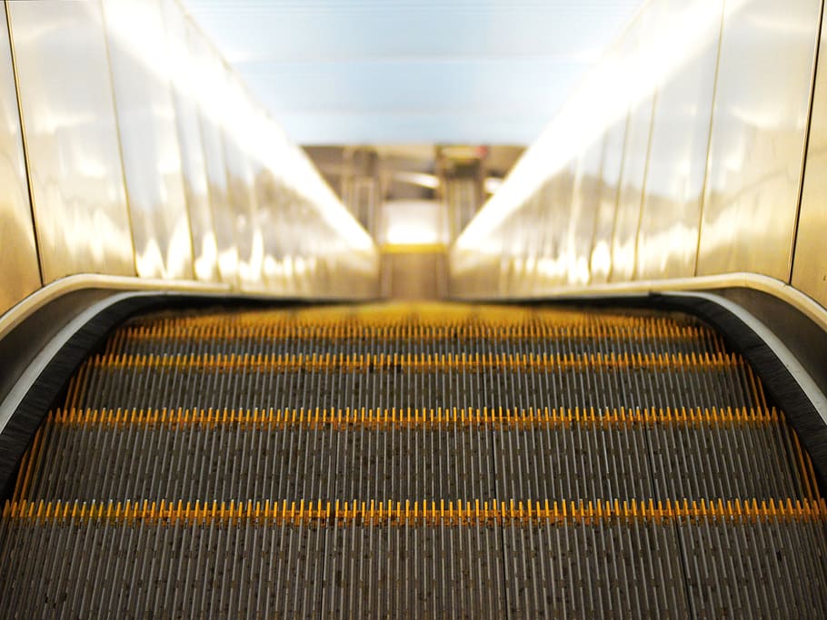 high angle view of escalator, down, moving, mall, transport HD wallpaper