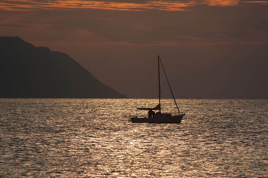 tranquility, quiet, solitude, sunset, sea, sailing boat, transportation HD wallpaper