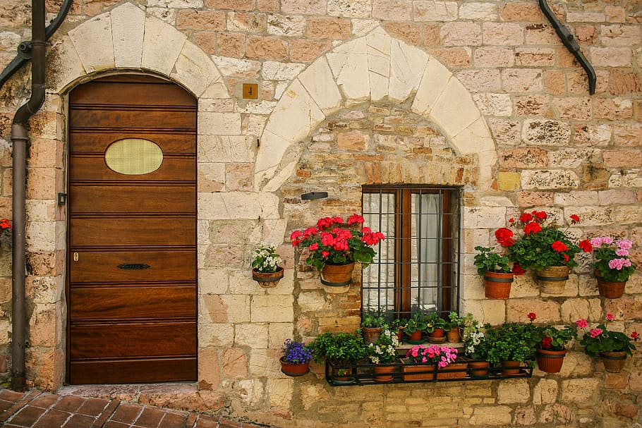 flowers hang on concrete wall near window and door, venice HD wallpaper