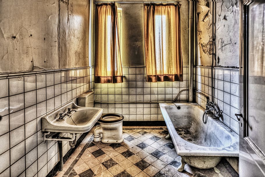 white enamel bathtub near sink, bathroom, hdr, monastery, expired HD wallpaper