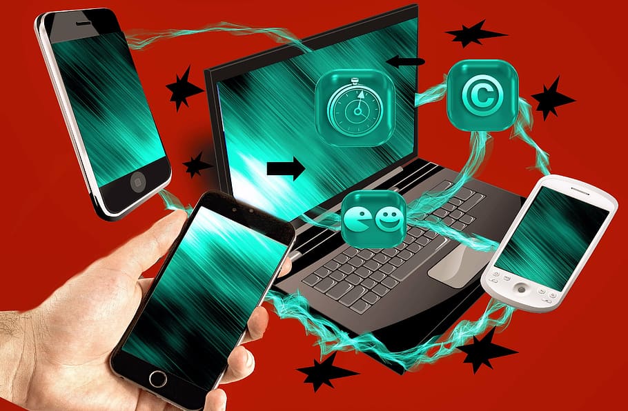 assorted smartphones and black laptop, digital, networked, networking HD wallpaper
