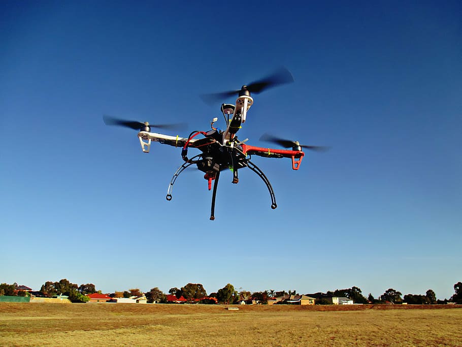 red and black drone flying on air, uav, remote, control, aircraft HD wallpaper