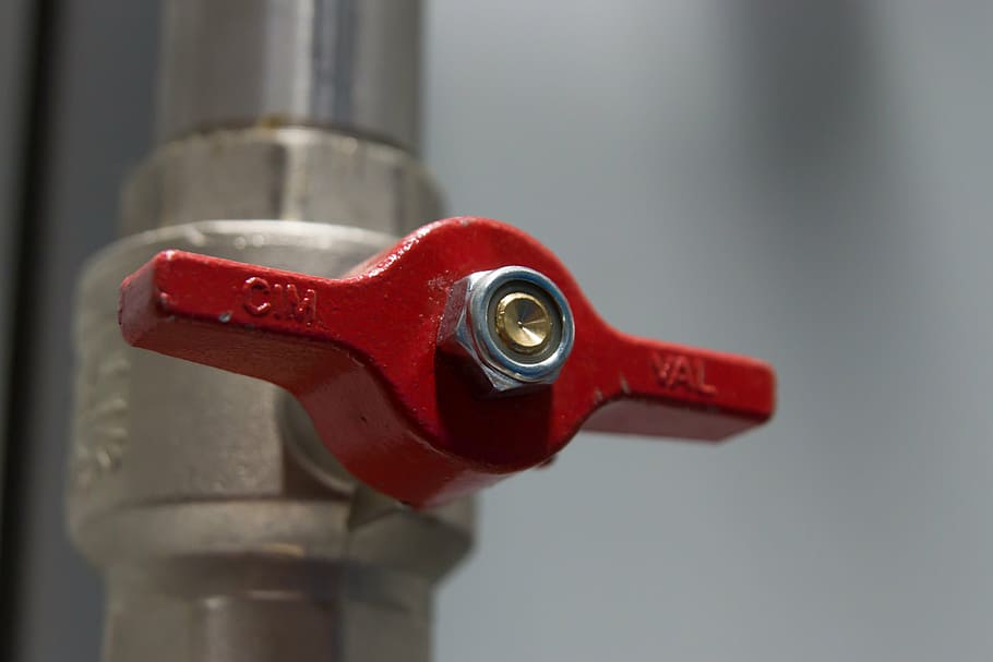 faucet, piping, site, red, close-up, no people, metal, focus on foreground