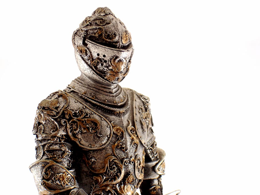 photo of gray knight armor, statue, warrior, metal, white background HD wallpaper