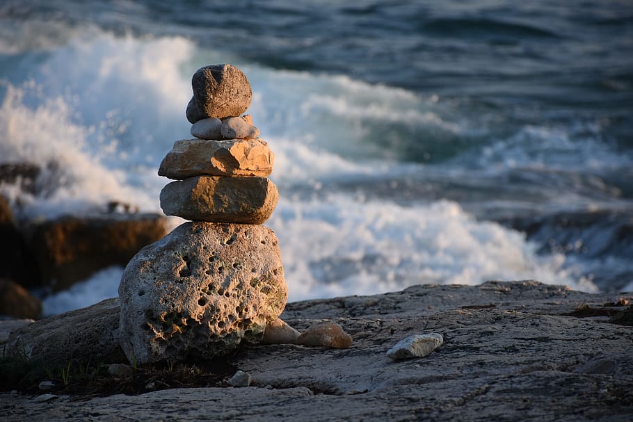 sea, stone, abendsonnde, rock, solid, stack, balance, rock - object HD wallpaper