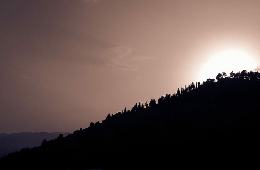 silhouette photography of hill and sunset, nature, sky, mountain HD wallpaper