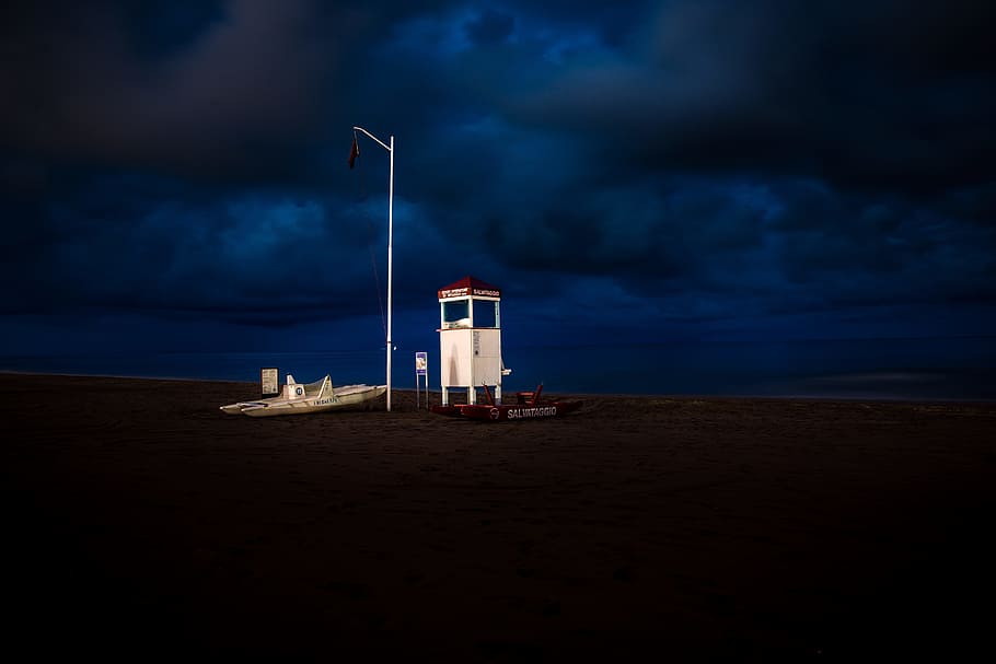 white shed under black sky, white booth under blue sky, boat HD wallpaper
