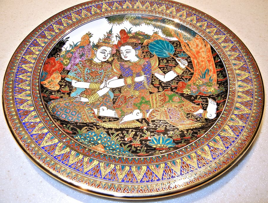 hand painted, thailand, plate, art, multi colored, creativity