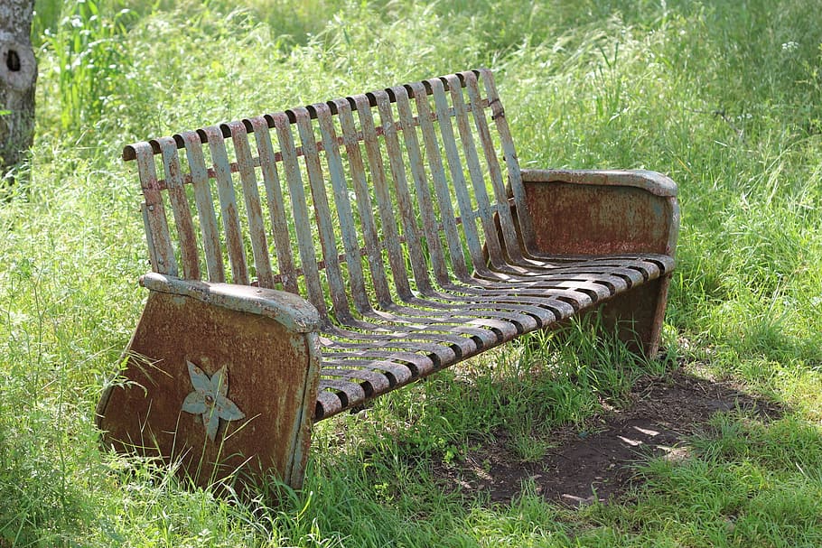 antique bench, park bench, rusty bench, grass, no people, day HD wallpaper