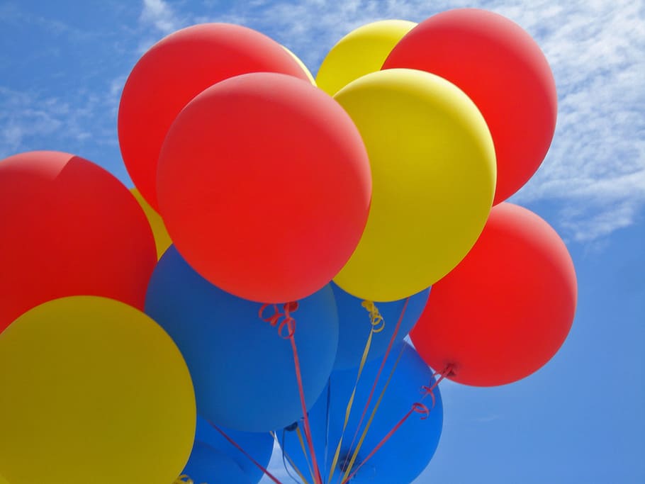 blue, red, and yellow balloons, party balloons, celebration, happy, HD wallpaper