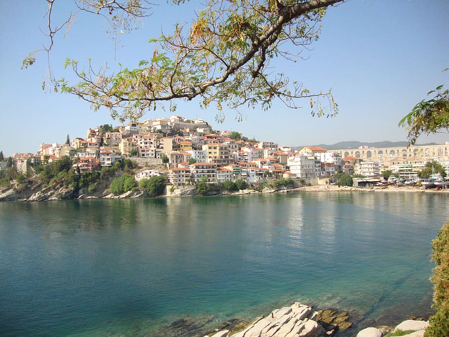 greece, kavala, arches, kastle, rock, sea, boats, beach, water