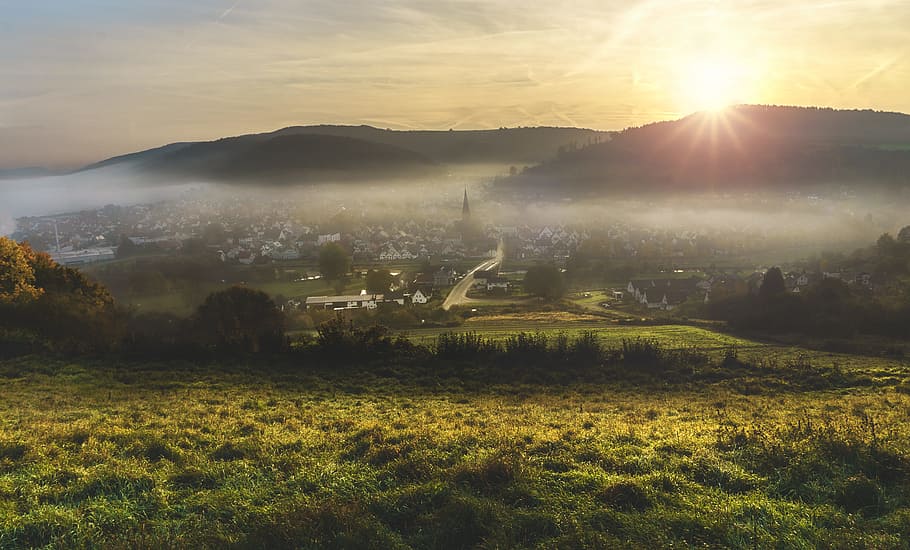cityscape with fogs during daytime, grass field near city buildings HD wallpaper