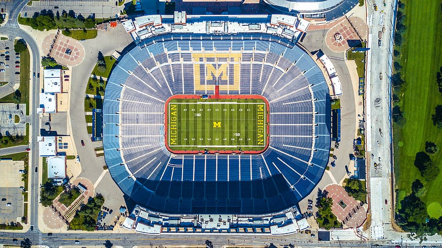 Michigan stadium, aerial photo of American football stadium, aerial view