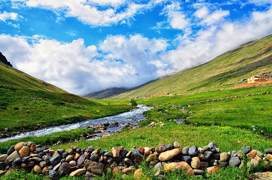 landscape photography of river between mountains, nature, panoramic HD wallpaper