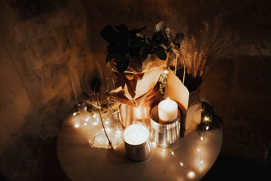 lighted candles on side table, votive candles, plant, decor, flame HD wallpaper
