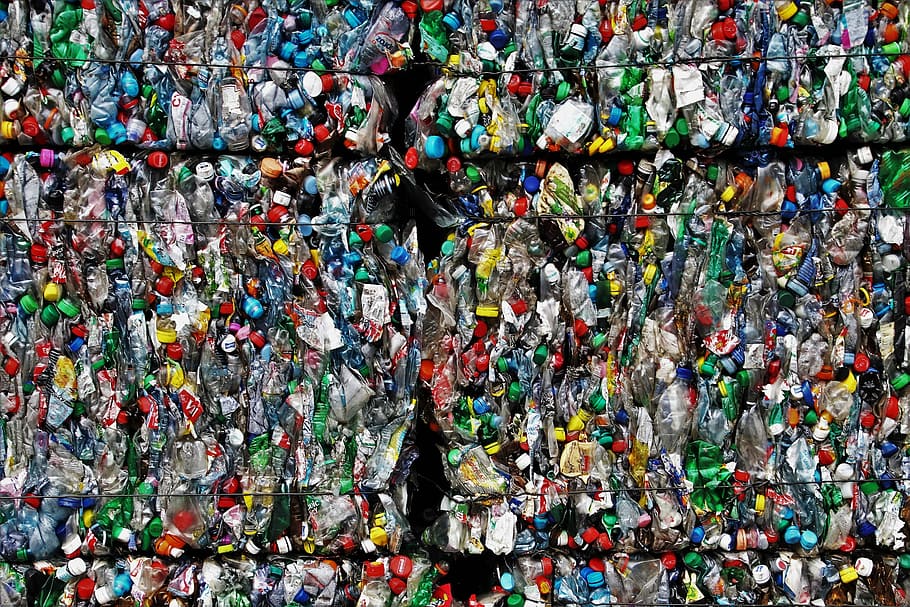 stock of bottle scraps, plastic, processing, waste, colorful
