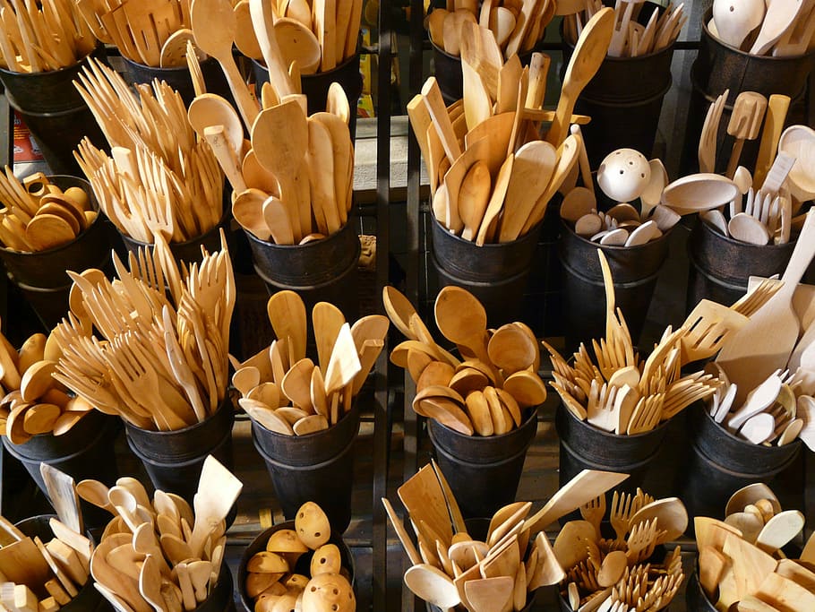 Cutlery, Wood, Knife, wooden cutlery, fork, spoon, kitchen cutlery, HD wallpaper
