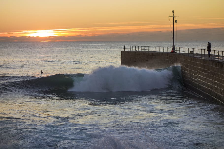 pier, sunset, wave, sea, ocean, sky, beach, coast, harbour HD wallpaper