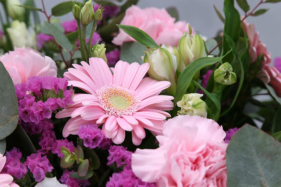 pink daisies, purple statice, and pink carnations bouquet close-up photo