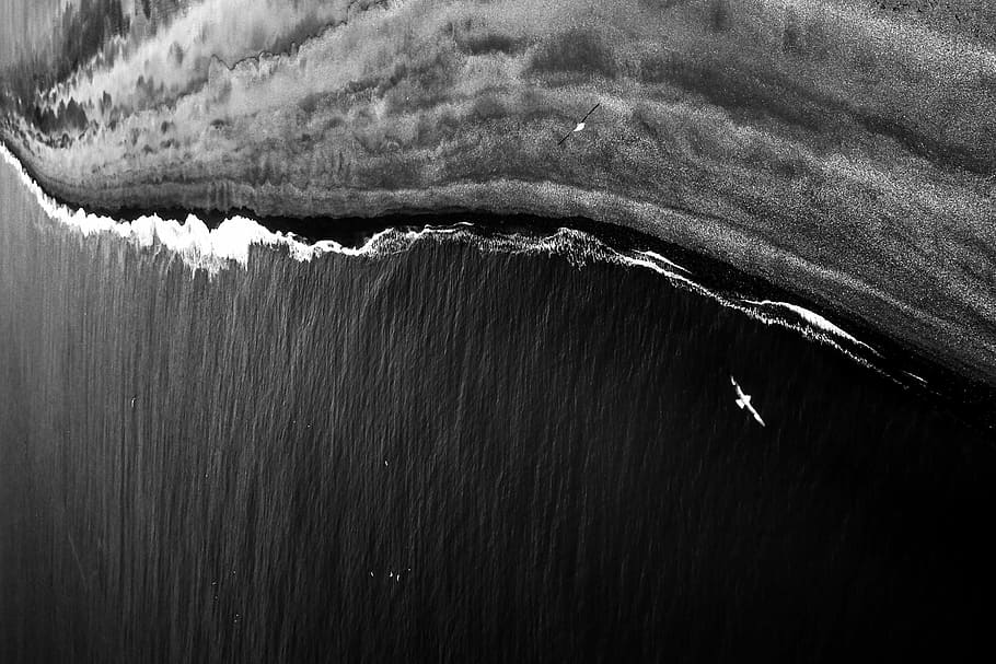 aerial photography of coastline, grayscale photography of sea HD wallpaper