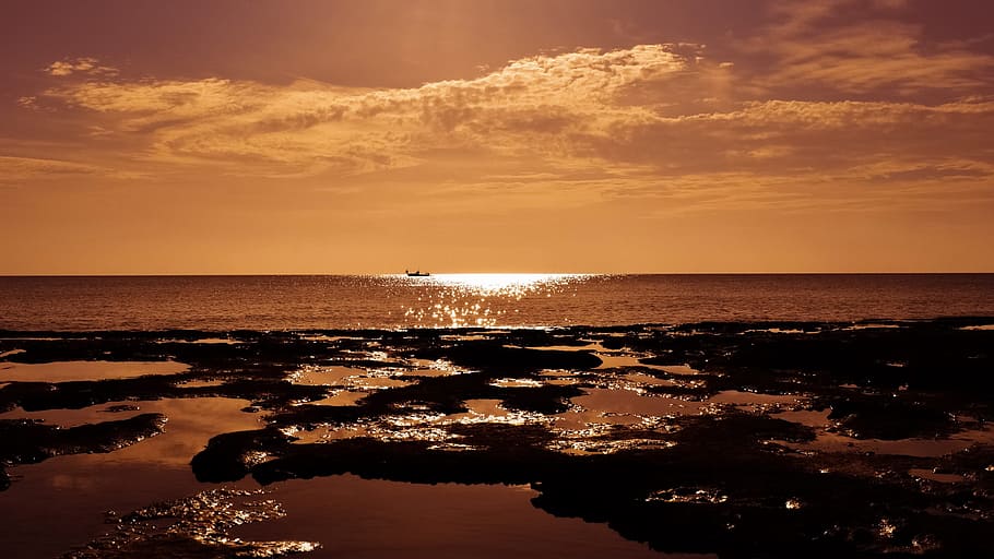 sunset, water, dusk, sea, sky, nature, beach, evening, seascape HD wallpaper